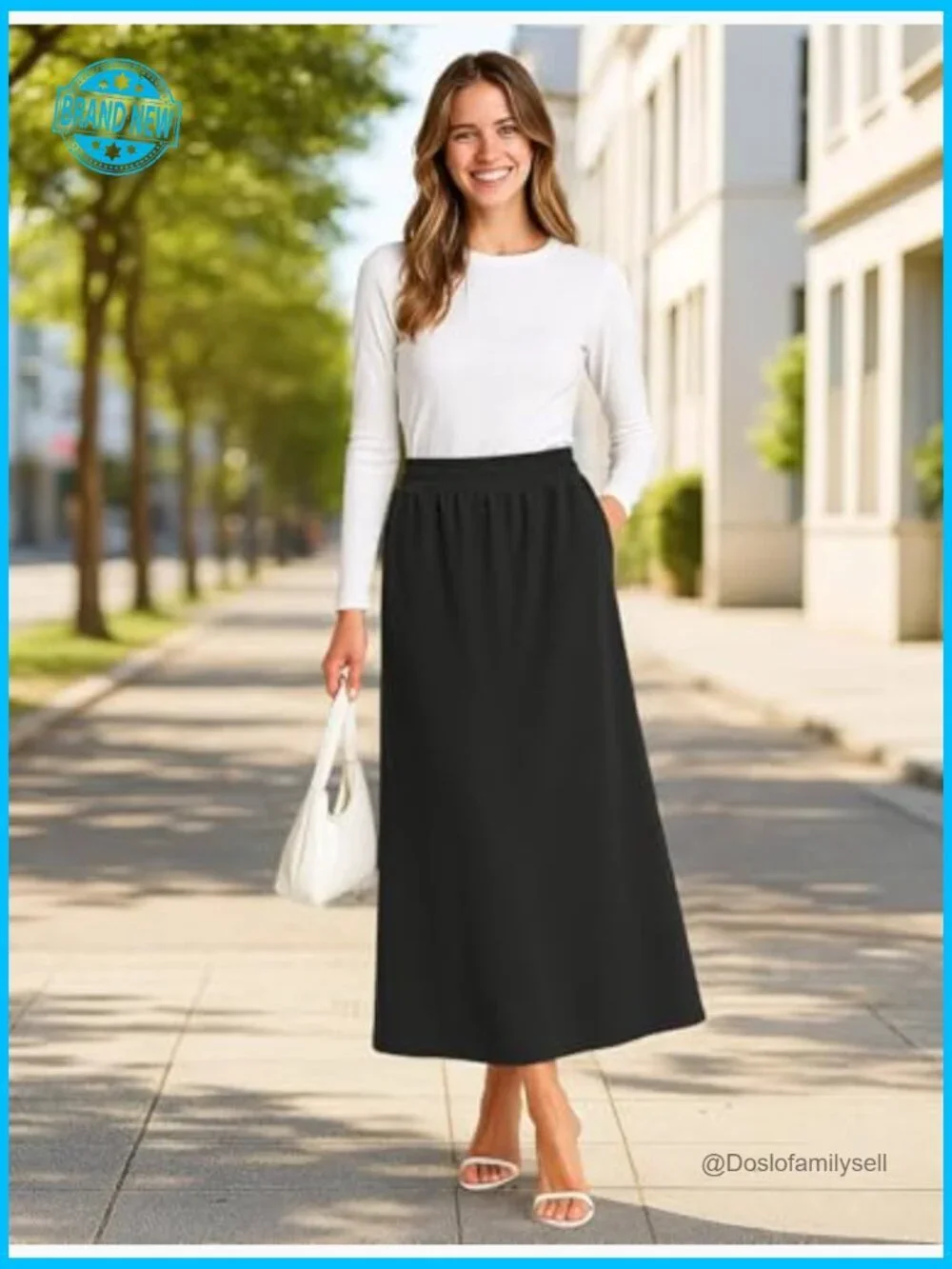 Flowy Maxi Skirt Elastic High Waisted A-Line Long Skirt with Pockets Trendy